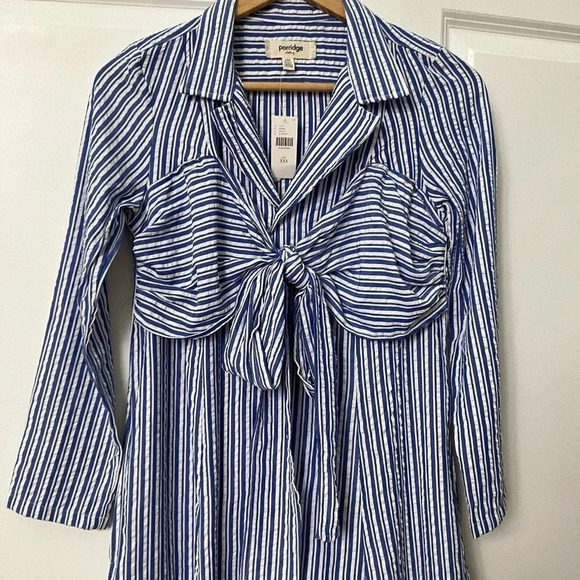 NWT Anthropologie Porridge Tie Front Blue White Stripe  Crinkle Maxi Dress XXS - Picture 4 of 8